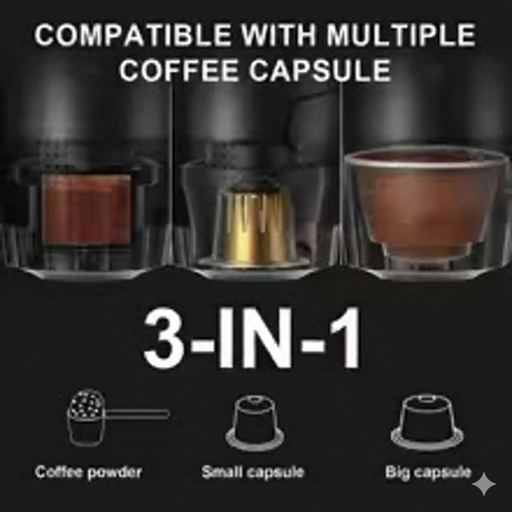 Macchina per caffè espresso portatile elettrica senza fili per auto e casa, campeggio, da viaggio con capsule e in polvere 3 in 1