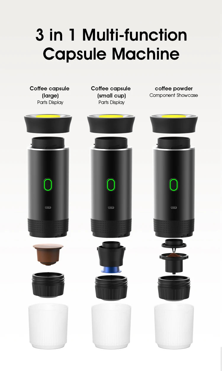 Macchina per caffè espresso portatile elettrica senza fili per auto e casa, campeggio, da viaggio con capsule e in polvere 3 in 1
